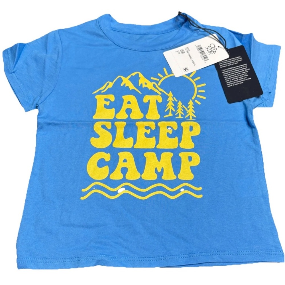 Chaser Brands Eat Sleep Camp Blue Kids T-Shirt with Yellow Print.